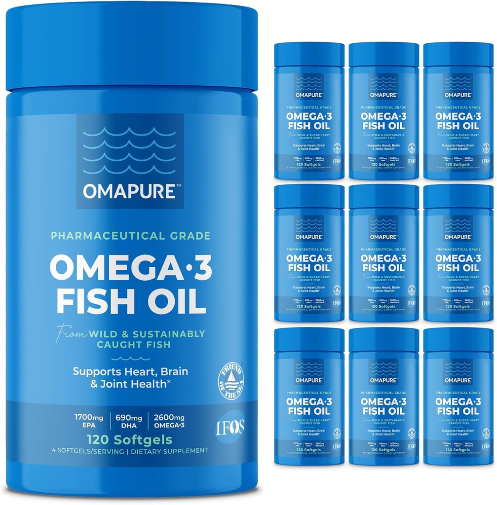 OMAPURE Wild Caught Omega-3 Supplements with High EPA & DHA ( Şişeler, 120 Softgels) - Burpless Formula Supports Heart & Ortak Sağlık, Beyin Fonksiyonlarını Destekler