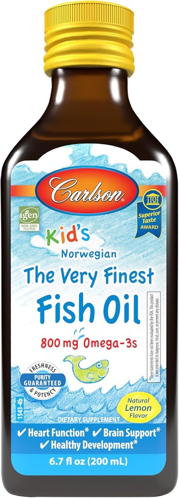 Carlson - Kid's The Very Finest Fish Oil Liquid, 800 mg Omega-3s, Norveç, Wild-Caught Fish Oil, Omega 3 Liquid for Kids, Sustainably Sourced, Lemon, 200 ml