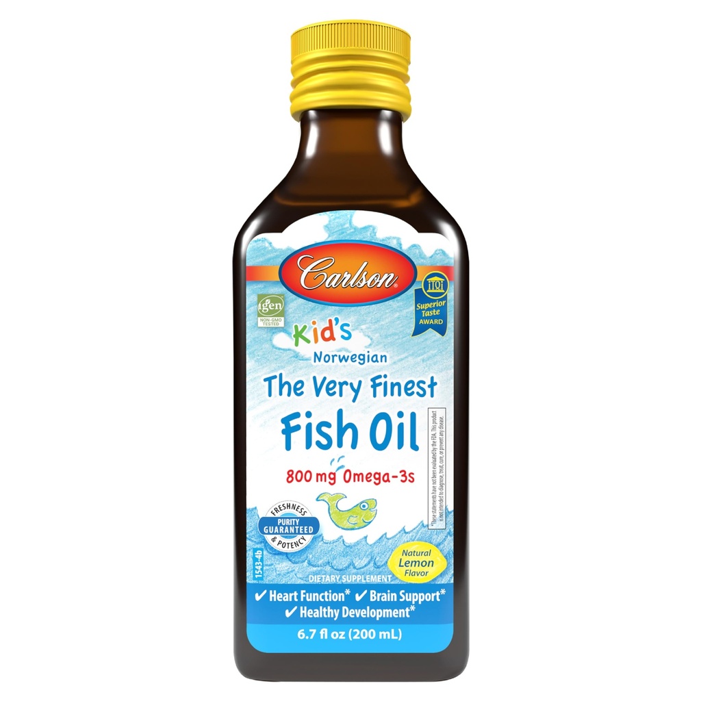 Carlson - Kid's The Very Finest Fish Oil Liquid, 800 mg Omega-3s, Norveç, Wild-Caught Fish Oil, Omega 3 Liquid for Kids, Sustainably Sourced, Lemon, 200 ml