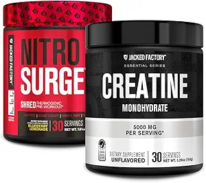 Jacked Factory NITROSURGE Shred Pre Workout Supplement (Blueberry Lemonade, 30 υπηρεσίες) & Creatine Monohydrate Powder (Άγευστη, 30 υπηρεσίες)