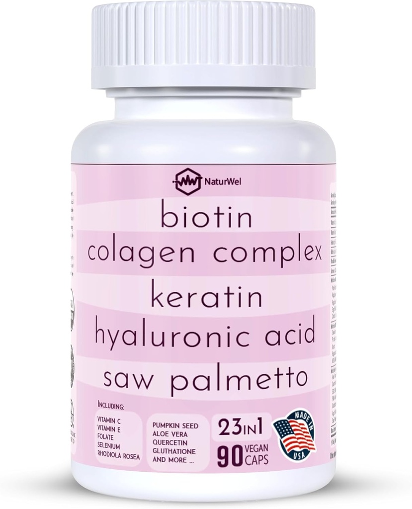 Κολλαγόνο 1000mg Rhodiola Rosea 2500mg Biotin 10.000mcg, Υαλουρονικό οξύ, DHT Blocker, Βιταμίνη C & E, Φολικό οξύ, Αλόη Βέρα, Quercetin, Πράσινο Τσάι, Κερατίνη, MSM - 90 Count (Pack of 1))