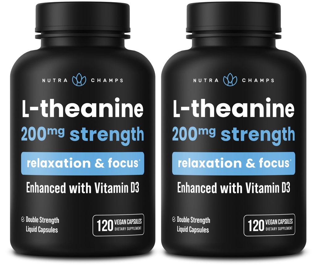NutraChamps L-Theanine 200 mg Capsules, Double-Strength L-Theanine Liquid with Vitamin D3, Organic Coconut Oil, 120 Vegan Capsules (Pack of 2)