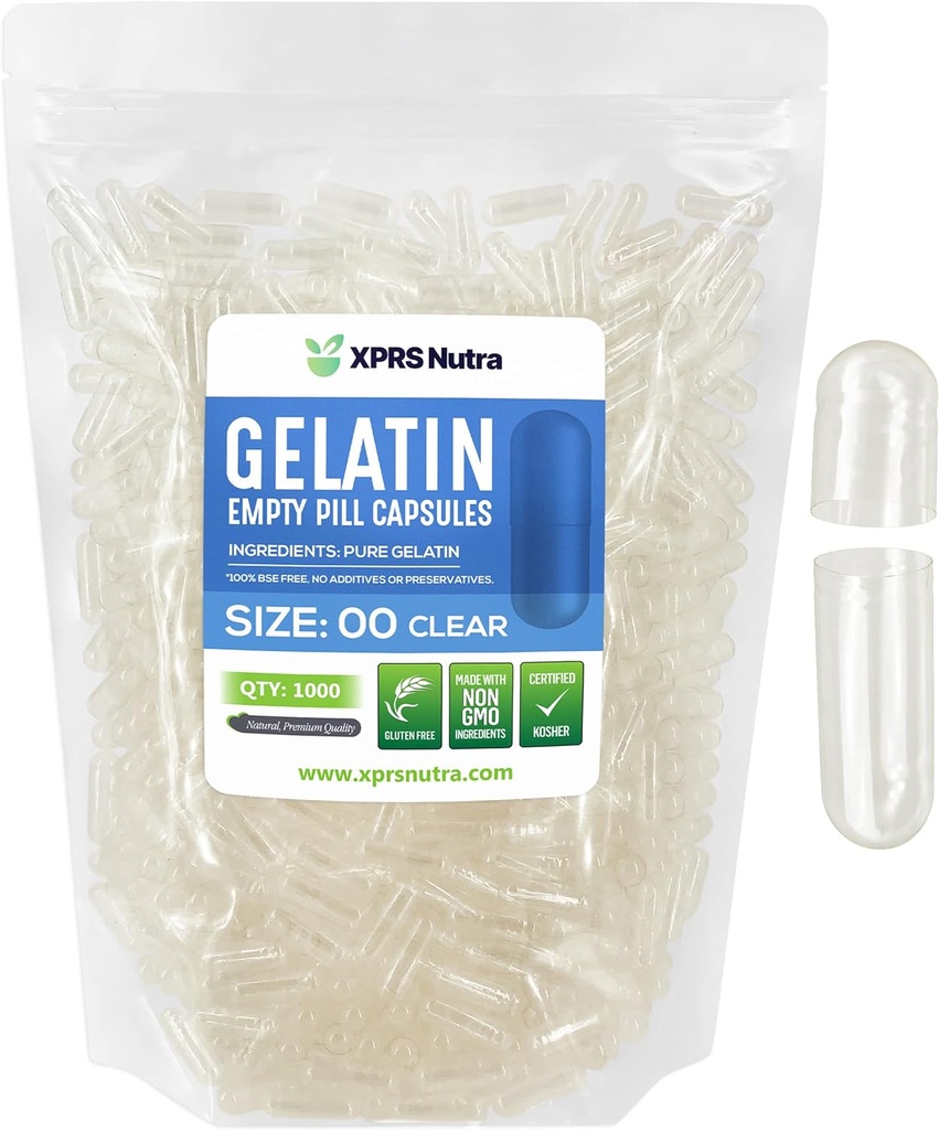 XPRS Nutra Μέγεθος 00 Κενές κάψουλες - 1000 Κάψουλες Κενή Ζελατίνη - DIY Καψάκιο Γέμισμα - Γέμισμα χάπια Gel Caps για Do-It-Yourself Συμπληρώματα (Καθαρίστε)