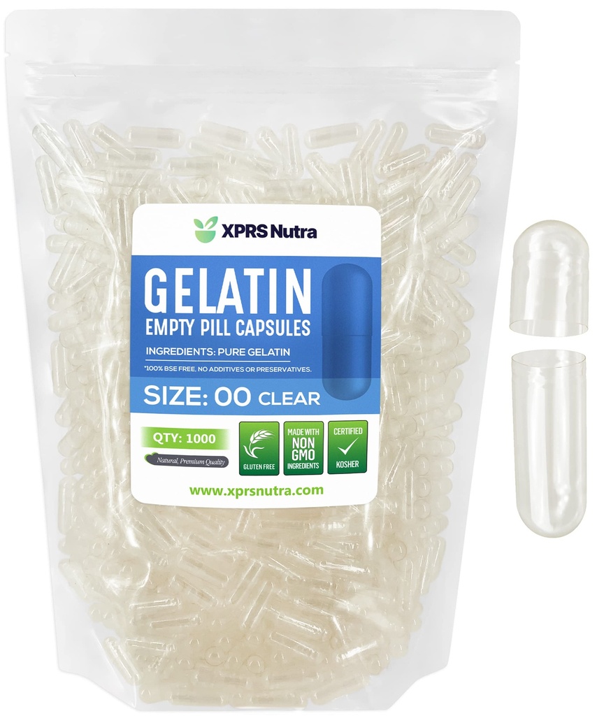 XPRS Nutra Boyutu 00 Boş Kapsüller - 1000 Kont Boş Gelatin Capsules - DIY Capsule Filling - Do-It- Yourself Supplements (Clear)