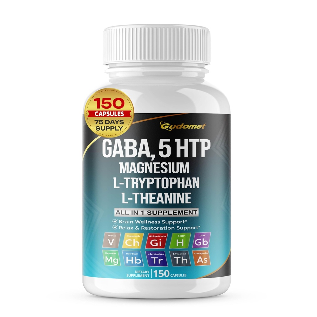 GABA 5-HTP L-Tryptophan L-Theanine Vitamin D3 B6 Kutsal Basil Valerian Chamomile Ginkgo Biloba Ginger -150 Capsules- Made in USA