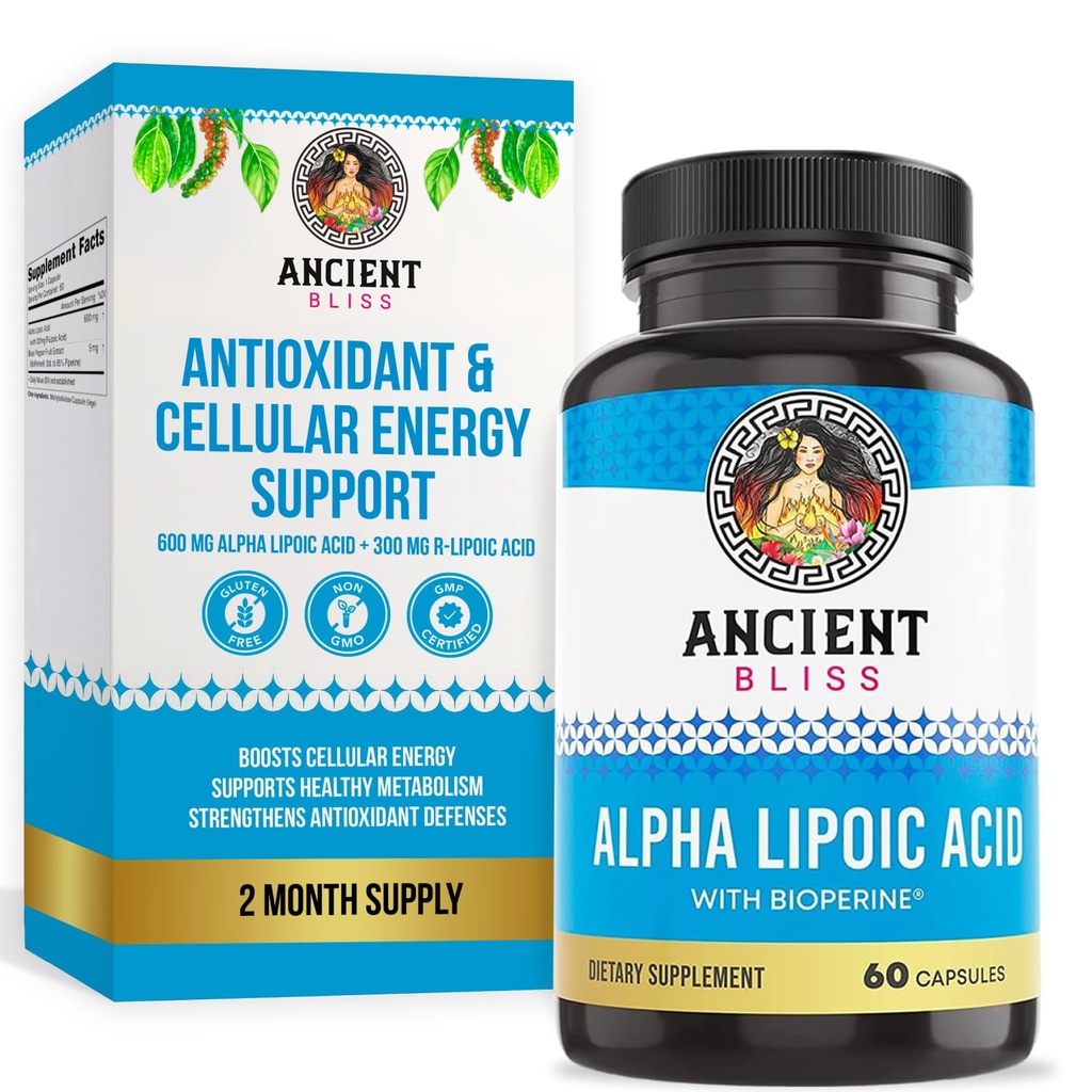 Ancient Bliss Alpha Lipoic Acid Supplement, Antioxidant and Energy Support, ALA Supplement with Bioperine, No Gluten and Soy, 600mg per Serving, 60 Vegan Capsles