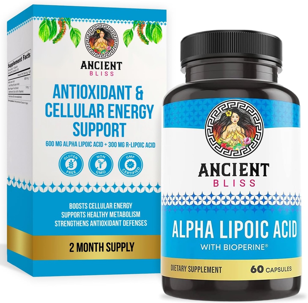 Ancient Bliss Alpha Lipoic Acid Supplement, Antioxidant and Energy Support, ALA Supplement with Bioperine, No Gluten and Soy, 600mg per Serving, 60 Vegan Capsles