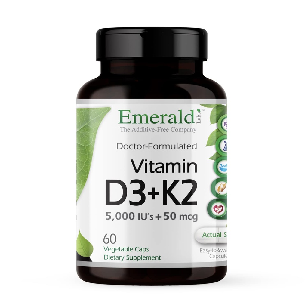 EMERALD LABS Βιταμίνη D3+K2 - Βιταμίνη D & VitalDelta MK-7 για την υγεία των οστών και την υποστήριξη της καρδιάς* - Χορτοφαγική, χωρίς γλουτένη, κλινική ισχύς - 60 κάψουλες λαχανικών