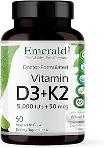 EMERALD LABS Vitamin D3+K2 - Vitamin D & VitalDelta MK-7 for Bone Health & Heart Support* - Vegetarian, Gluten-Free, Clinical Potency - 60 Vegetable Capsules
