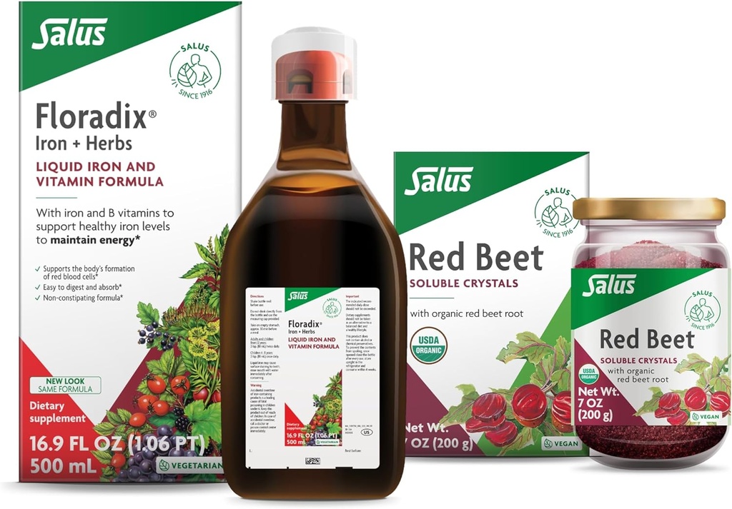Floradix Iron & Herbs (16.9 oz) & Salus Red Beet Crystals (7 oz) - Iron Supplement for Healthy Energy Support* & Organic Nutritional Beet Root Drink Mix
