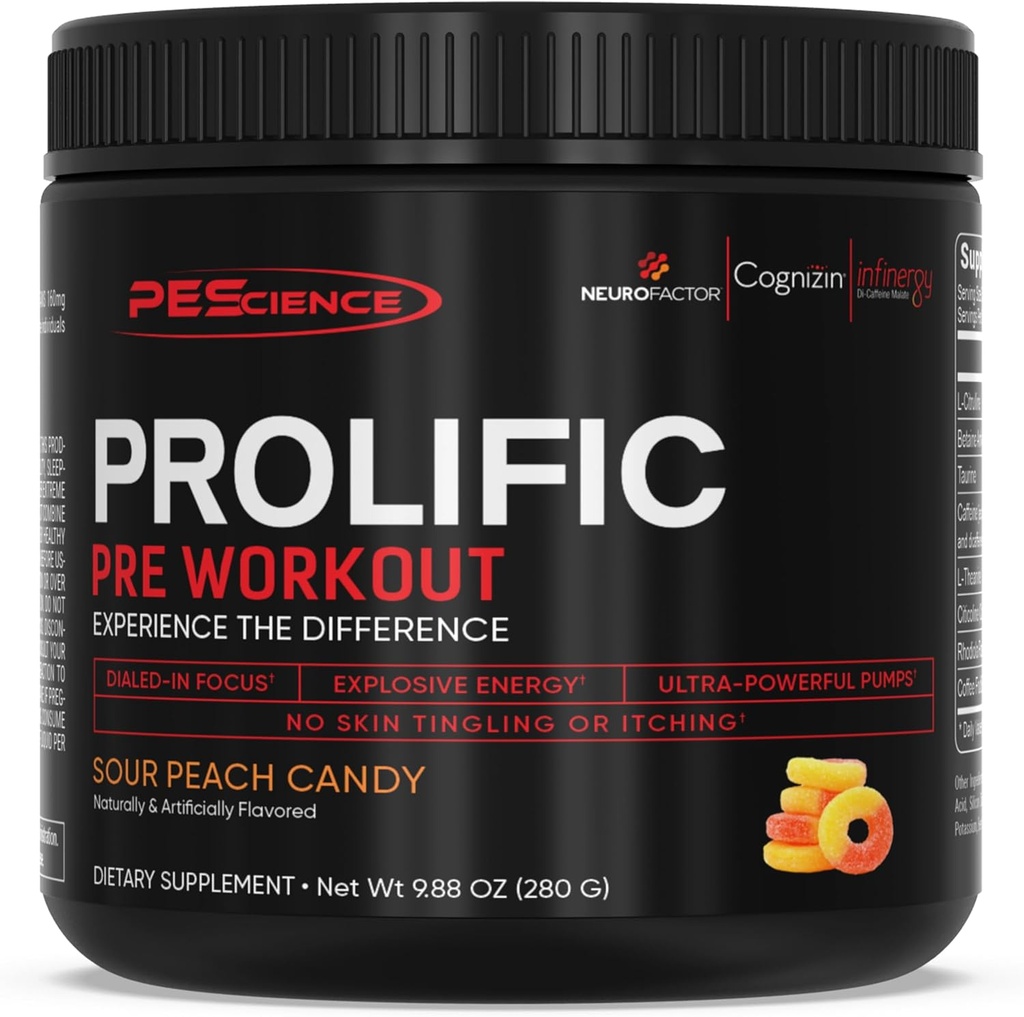 PEScience Prolific Preworkout Powder for Men & Women with L-Citrulline Nitric Oxide Booster, Energy Powder & Nootropic for Focus – Preworkout Without Beta Alanine – 40 Scoops, Sour Peach Candy