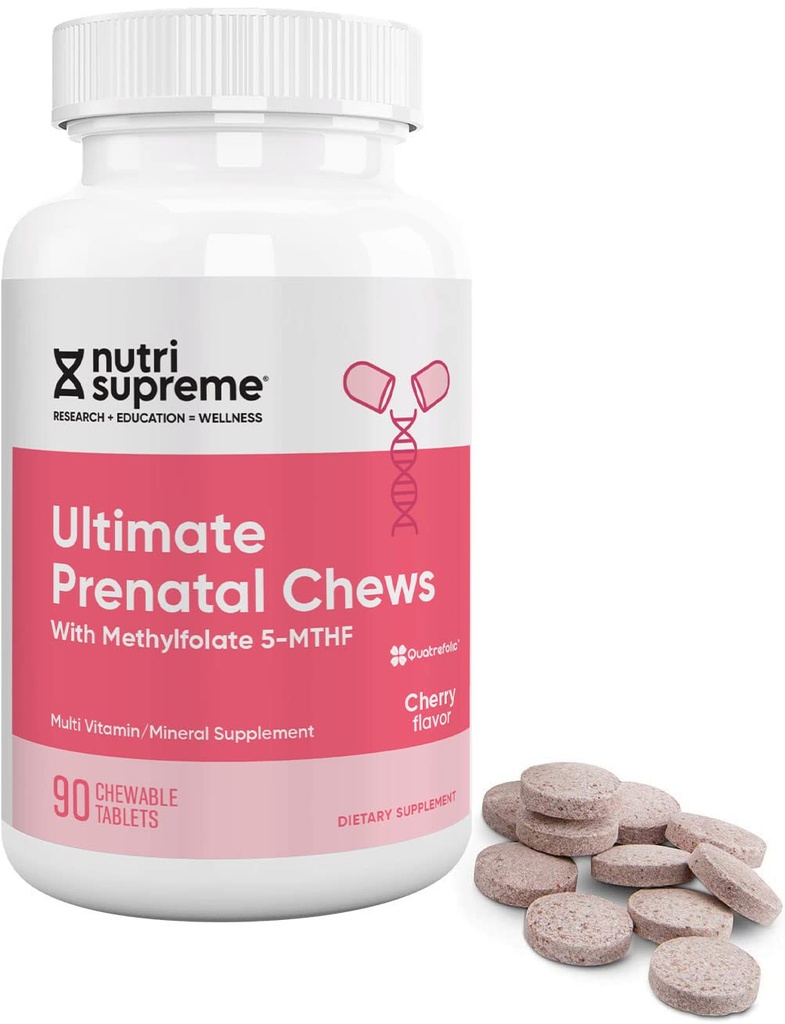 Nutri Supreme Προγεννητική Βιταμίνη, Μασώμενες Προγεννητικές Βιταμίνες για γυναίκες με υψηλό απορροφήσιμο Φολικό Μεθύλιο, Πλήρης Προγεννητική Πολυβιταμίνη με Σιδήρο, Kosher, Cherry Γεύση, 90 Count