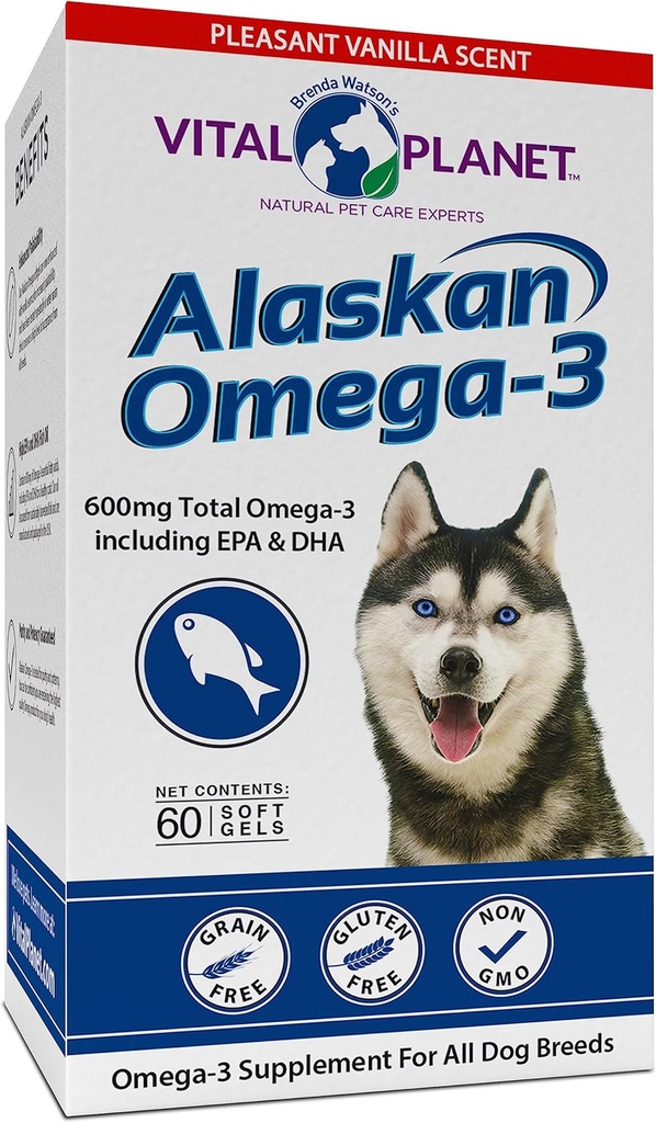 Vital Planet - Alaskan Omega-3 Fish Oil Supplement for Dogs with 600 mg of Omega-3, High in DHA and EPA from Sustainably Harvested Wild Caught Cold Water Fish, 60 Vanilla Softgels