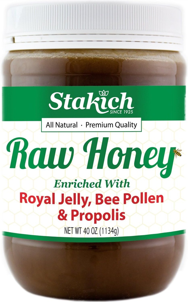 Stakich Royal Jelly, Bee Pollen, Propolis Raw Honey - Pure, Unprocessed, Unseted - 40 Ounce
