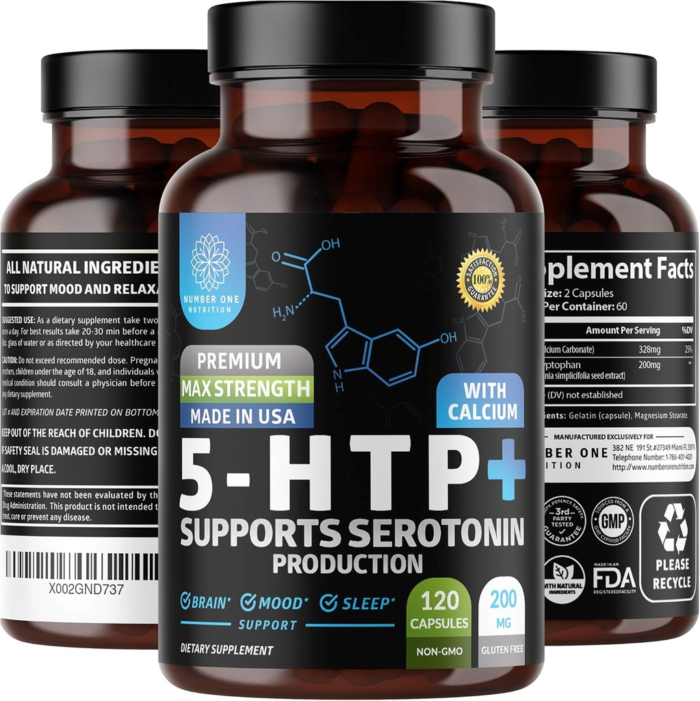 N1N Premium 5-HTP 200 mg Plusuba, Griffonia Tohumksiyonu, GMO ve Gluten Free, 120 Caps