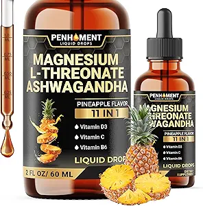 11in1 Magnezyum L-Threonate Liquid Drops with Ashwagandha, Vitamin D3, Vitamin C, B6, ve 6 Daha - Beyin Desteği - Pineapple Flavor - 2 FL OZ for Full 2Month