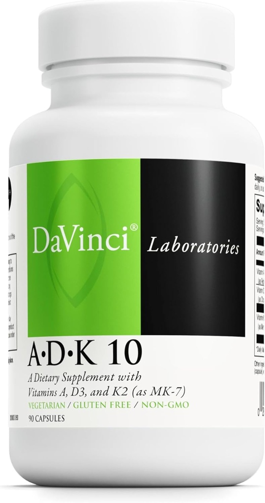DAVINCI Labs ADK 10 - Βοηθά στην υποστήριξη της υγείας των οστών, της καρδιάς και του ανοσοποιητικού - Συμπλήρωμα διατροφής με βιταμίνες Α, D3 & K2 (ως MK-7) - χορτοφαγικά, χωρίς γλουτένη & χωρίς σόγια - 90 κάψουλες