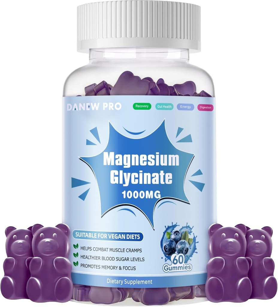 Magnezyum Glycinate Gummies 1000 mg - Sugar Free Magnezyum Pids Supplement with Vitamin D, B6, CoQ10 For Calm Mood & Sleep Support - 60 Blueberry Gummies