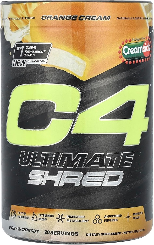 Cellucor C4 Ultimate Shred Pre Workout Powder, Μεταβολισμός συμπλήρωμα με Cayenne Extract+300mg Caffeine+TeaCrine+Dynamine - Πορτοκαλί Κρέμα, 20 Σερβιέτες