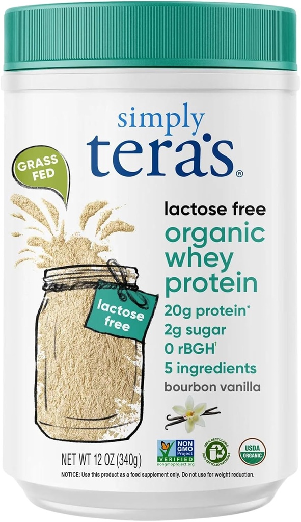 Basitçe tera'nın Lactose Free Organic Whey protein Toz - Lactose Free, Vanilla, 20g of protein Per Service, Non-GMO, Gluten-Free, rBGH-Free, Kosher - 12 Oz Oz
