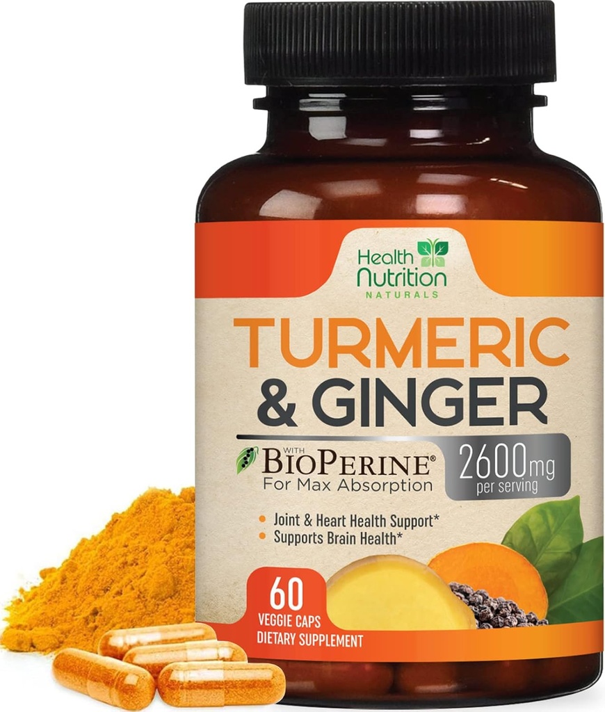 Turmeric Curcumin Supplement 2600 mg - Organik Ginger & Turmeric,% 95 Curcuminoids, BioPerine Black Pepper for Best Abpole, Nature's Vegan Ortak Destek, Non-GMO, Şişed in USA - 60 Capsules