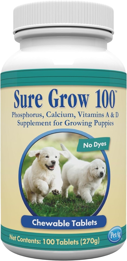 PetAg Sure 100 büyür - Puppies Sekiz Hafta ve Yaşlı'da Optimal Kemik Gelişimini Artırır - Kalsiyum, Phosphorus ve Vitaminler A & D - 100 Chewable Tabletler