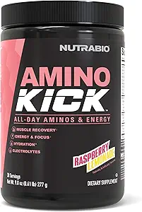 NutraBio Amino Kick – BCAA σκόνη με φυσική καφεΐνη – Amino Acids συμπλήρωμα για την ενέργεια, την ενυδάτωση και την ανάκτηση – BCAAs, ηλεκτρολύτες & αμινοξέα – Λεμονάδα σμέουρων, 30 εξυπηρετούν