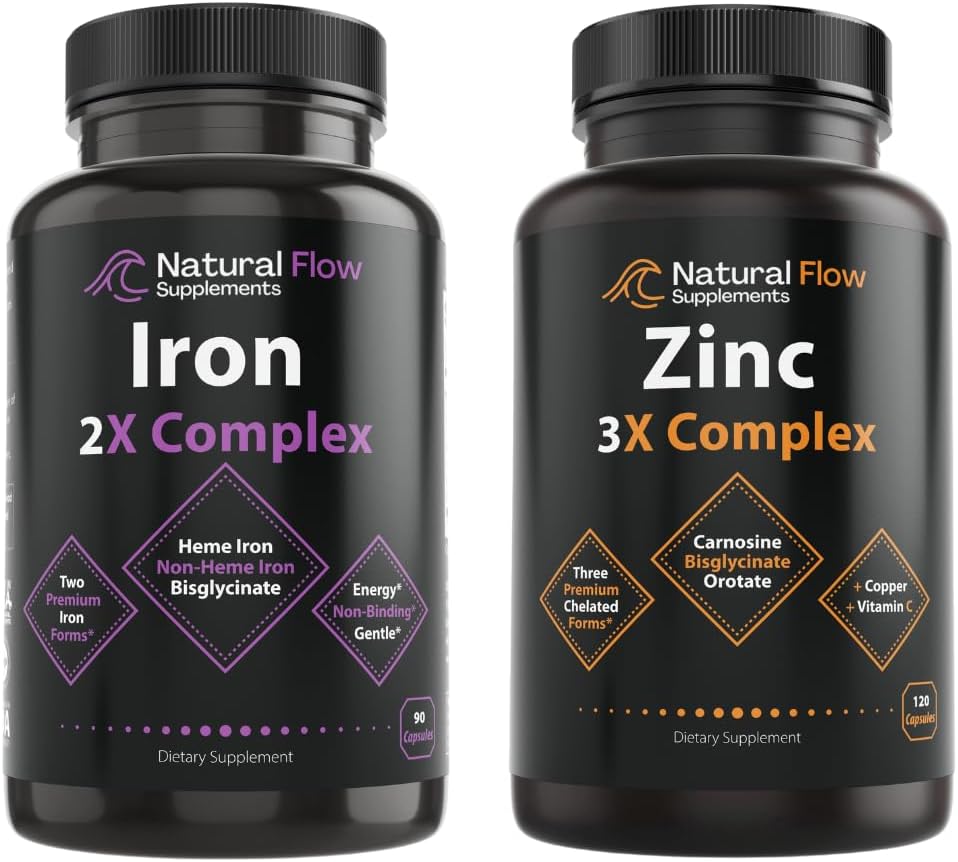 Copper ve C ile çinko Supplement Kompleksi - Doğal Akış 3X çinko Carnosine ve Demir Supplement 2in-1 Tamam Kompleks - Doğal Akış 2X Heme ve Chelated Non Heme Iron Bisglycinate