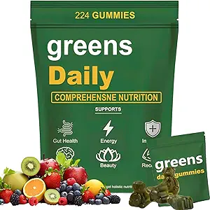 Greens Gummies - Organik Klorella ve Spirulina, Digestive & Gut Health, 60+ Malzemeler, Multi-Vitamins & Minerals, Daily Gummies, 224 Gummies Bear