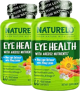 NATURELO Eye Vitamins - AREDS 2 Formula Nutrients with Lutein, Zeaxanthin, Vitamin C, E, Zinc, Plus DHA - Συμπλήρωμα για Ξηρά Μάτια, Υγιεινή Όραμα, Υποστήριξη ματιών - 60 Vegan Κάψουλες (Pack of 2)