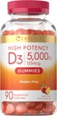 Carlyle Vitamin D3 Gummies | 5000 iu | 90 Kont | Peach Flavored Gummy | High Potency for Yetişkinler | Vegetarian, Non-GMO, Gluten Free Supplement Supplement
