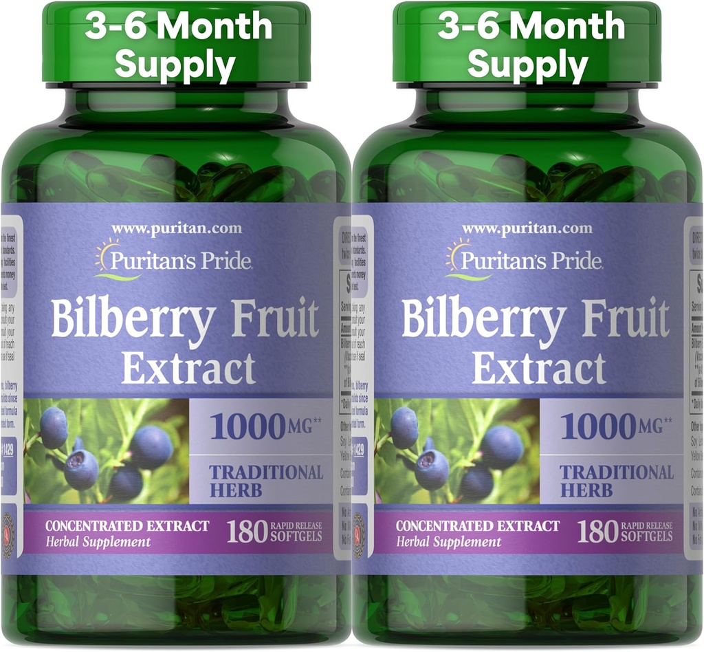 Puritan'ın Gurur Premium Bilberry Meyvesi 250 mg (1000 mg eşdeğer), 4:1 Yoğun Geleneksel Herbal Supplement, C, 3 ila 6 Ay Supply, 180 Hızlı Yayın Softgels 2Pack