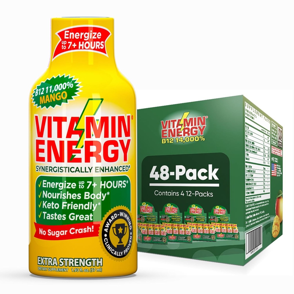 Vitamin Energy B12 11,000% Extra Strength Energy Shot Mango 48 Pack, 260mg Φυσική καφεΐνη, B12 & B6, Nootropic Focus, Vitality, Zero Sugar, Gluten-Free, Vegan, Kosher, 1.93 fl oz