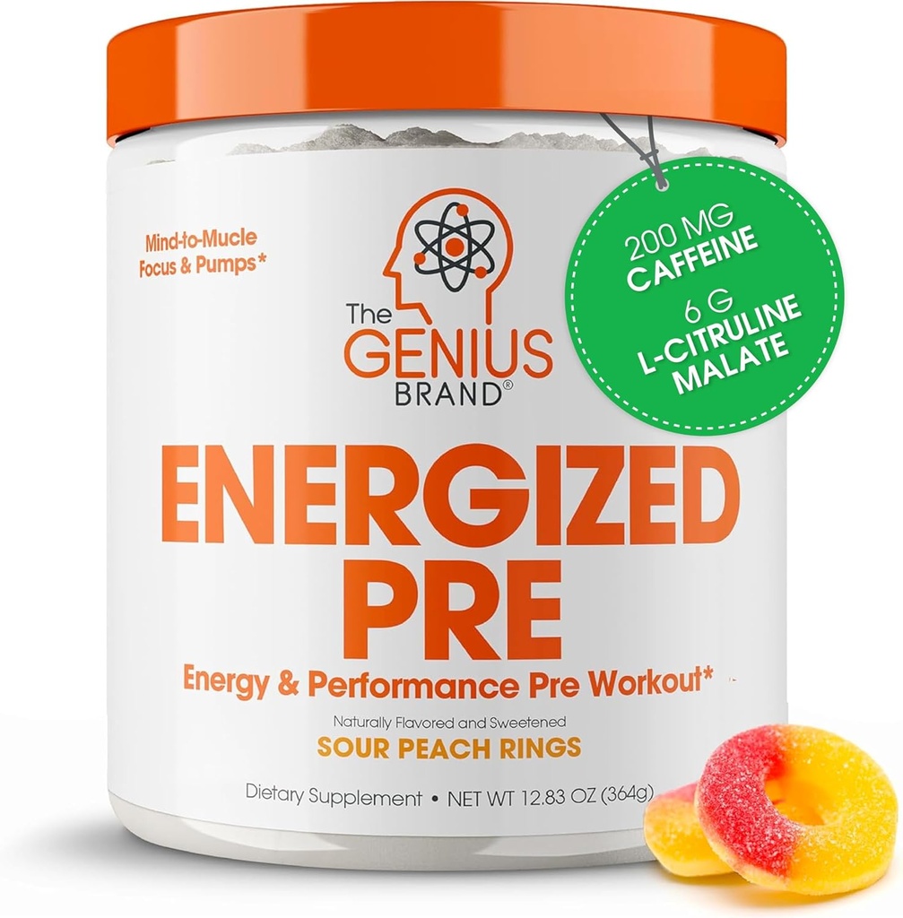 Genius Energized Preworkout Powder – Caffeine Infused Προ-Engine Booster Supplement with Beta Alanine & Alpha GPC, No Artificial Sweeteners or Dyes - 200mg Caffeine, 20 Servings, Sour Peach Rings