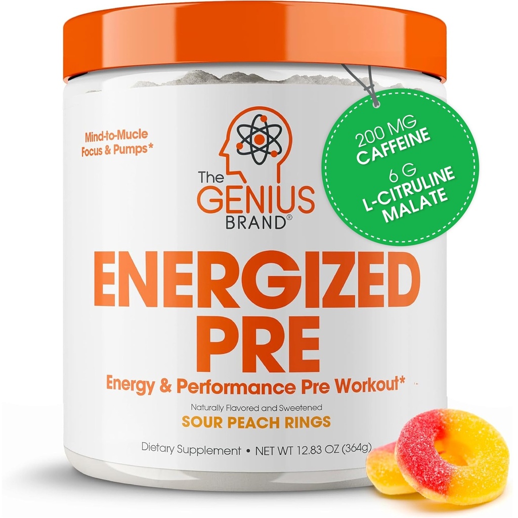 The Genius Brand Genius Energized Pre - Long-Lasting Energy Supplement for Healthy Mind, Endurance, Focus & Muscle Support - Non-GMO - Sour Peach Rings - 20 Servings