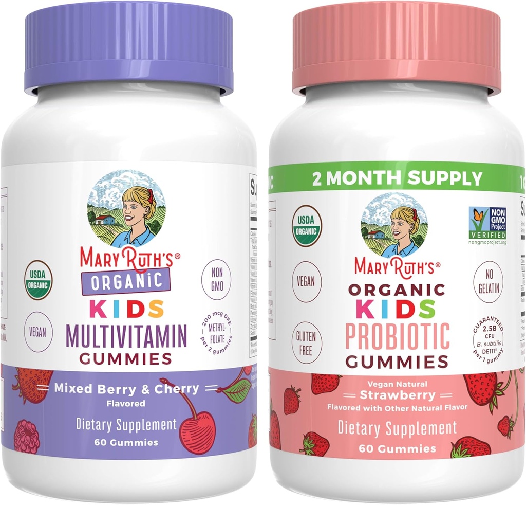 MaryRuth Organics Gummies for Kids-Multivitamin (Mixed Berry & Cherry), & Probiyotik (Strawberry) | USDA Organic, No Gelatin! | Immunity, Gut Health, & General Wellness | Vegan, Non-GMO