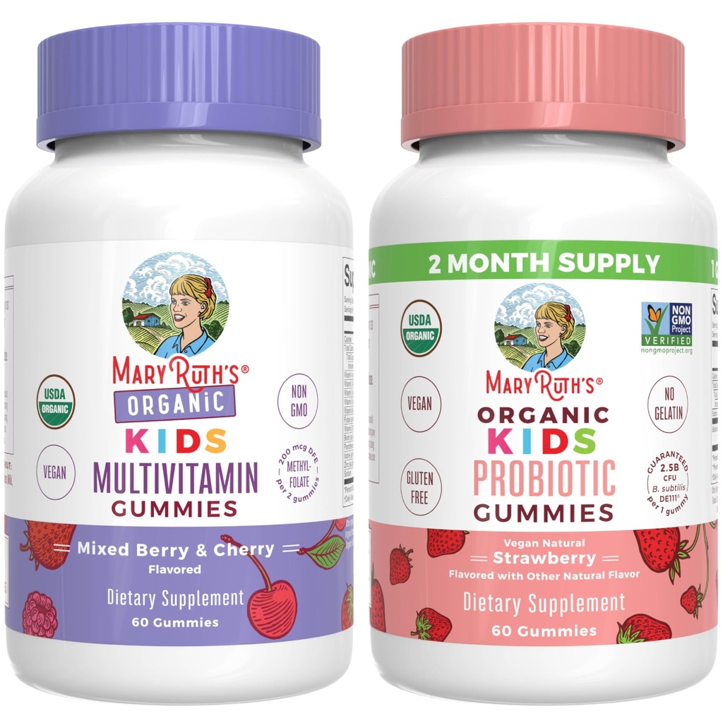 MaryRuth Organics Gummies for Kids-Multivitamin (Mixed Berry & Cherry), & Probiyotik (Strawberry) | USDA Organic, No Gelatin! | Immunity, Gut Health, & General Wellness | Vegan, Non-GMO