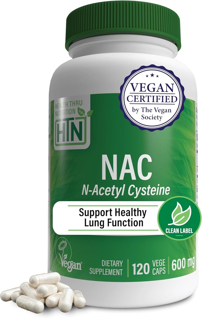 Sağlık Thru Beslenme NAC N-Acetyl-Cysteine 600 mg 120 Capsules | Vegan Onaylandı | Saf NAC Tamam | Sağlıklı Lung Liver Functions & Cellular Health | Non-GMO Soy & Gluten Free