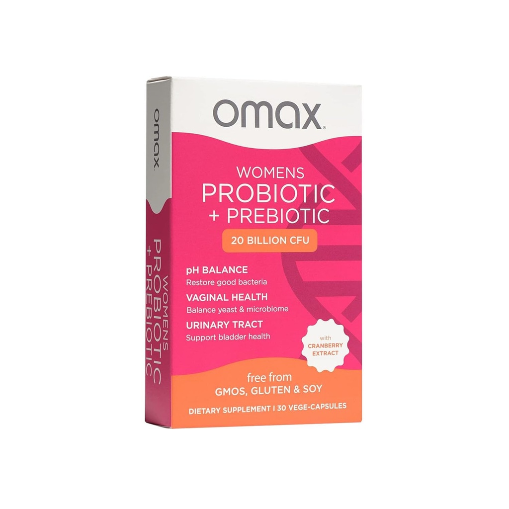 Omax Health Prebiyotiks and Probiyotiks Complex for Women, pH Balance, Vag Health, Urinary Tract, Yeast & BV Önleme, Lactobacillus & Bifidobacterium | Vegan, Organik, Gluten Free | 30 Vege-Capsules