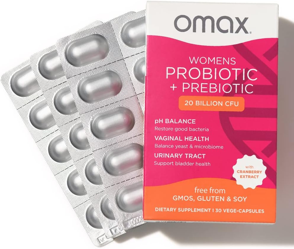 Omax Health Prebiyotiks and Probiyotiks Complex for Women, pH Balance, Vag Health, Urinary Tract, Yeast & BV Önleme, Lactobacillus & Bifidobacterium | Vegan, Organik, Gluten Free | 30 Vege-Capsules