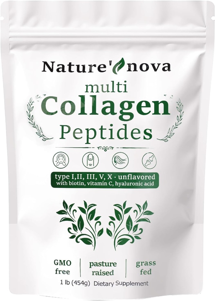 Nature's Nova Multi Collagens Toz - Tip I,II,III,V,X with Biotin, Hyaluronic Acid, C - Unflavored, kolayca çözülmemiş, Non-GMOMOB