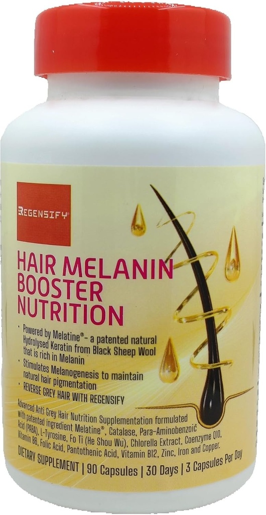REGENSIFY Hair Melanin Booster Nutrition [Anti Grey Hair Supplement for Men & Women | Melatine®, Catalase, PABA, L-Tyrosine, He Shou Wu, Chlorella Extract, CoQ10, Folic Acid, Pantothenic Acid]