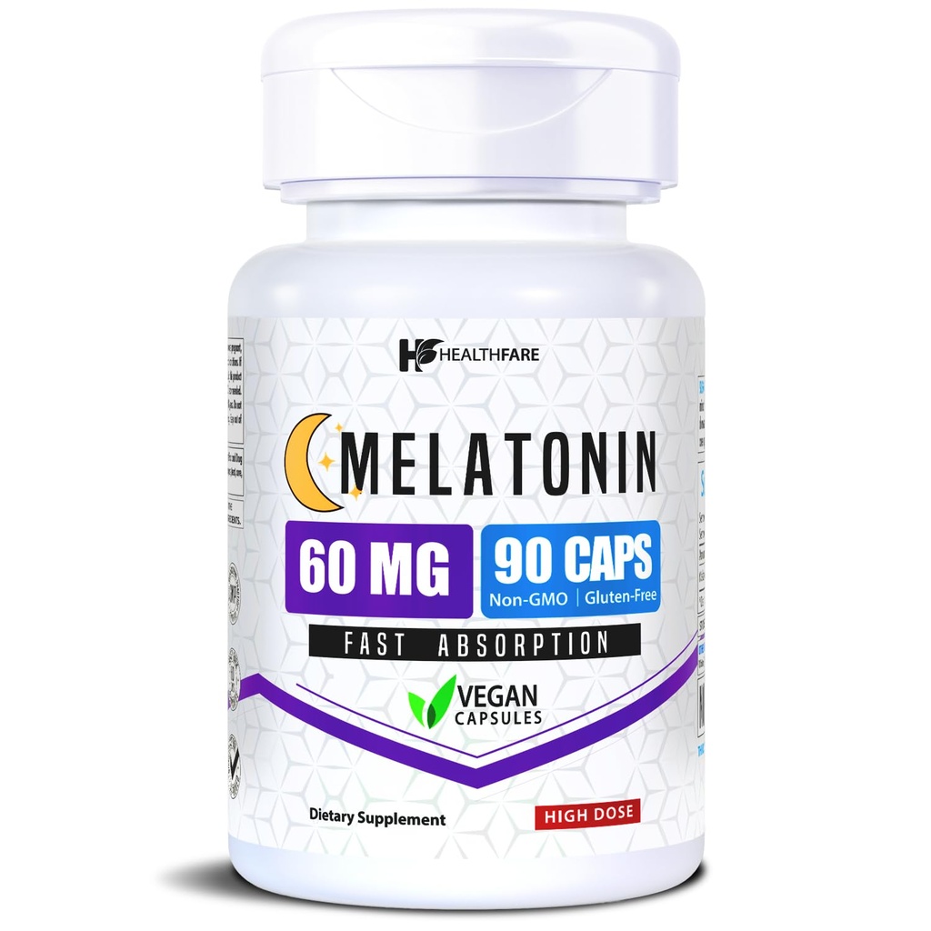 Healthfare Melatonin 60 mg | 90 Veg Capsules | High-Strength Formula | Vegetarian, Non-GMO, Gluten-Free | Made in the USA