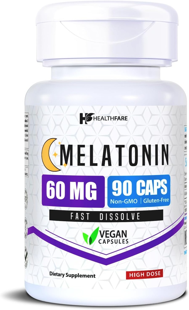 Healthfare Melatonin 60 mg | 90 Veg Capsules | High-Strength Formula | Vegetarian, Non-GMO, Gluten-Free | Made in the USA