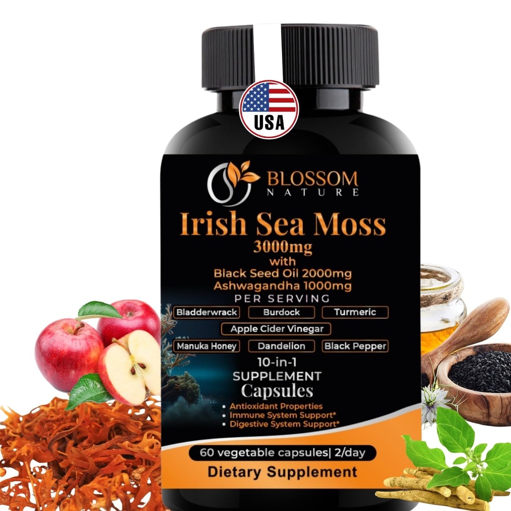 10-in-1 Irish Sea Moss Veggie Caps 3000 mg Black Tohum Petrol Ashwagandha Bladderwrack Burdock Turmeric Apple Cider Vinegar Manuka Honey Dandelion Black Pepper - Made in US(Veggie Caps, Unflavored)