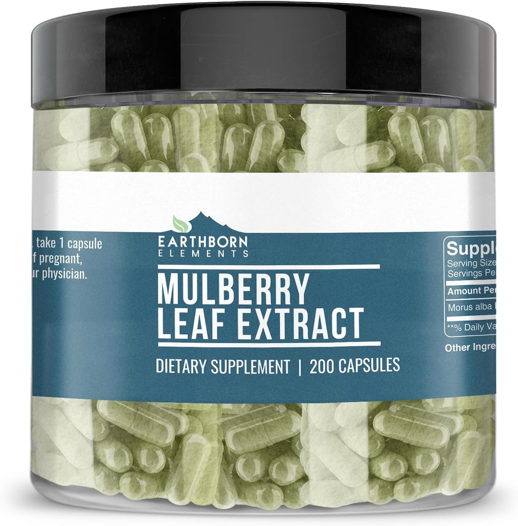 Earthborn Elements White Mulberry Leaf Extract 200 Capsules, Pure & Undiled, No Wordss
