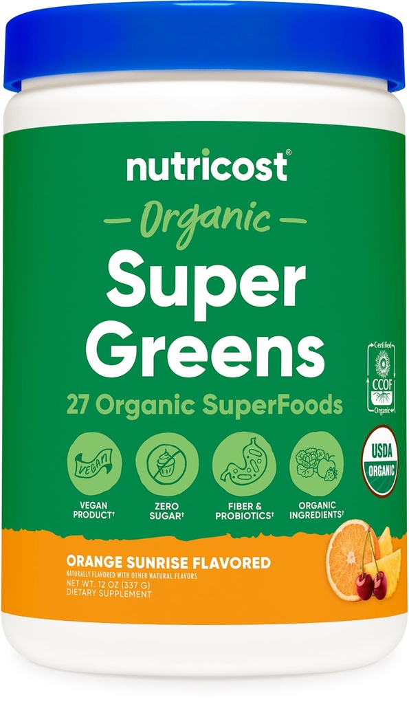 Nutricost Organic Super Greens Toz (30 hizmet) Orange Sunrise Flavor - Superfood Supplement Drink Mix
