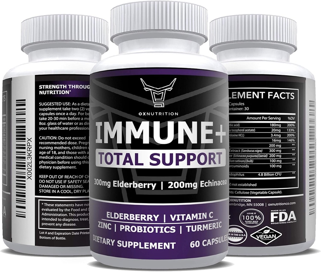 OX Nutrition 10 in 1 Elderberry, Vitamin C, Zinc, Vitamin E, Vitamin B6, Echinacea, Garlic, Turmeric, L-Glutamine HCL & Lactobacillus Probiotics & Antioxidants for Immune Defense 1 Month Supply