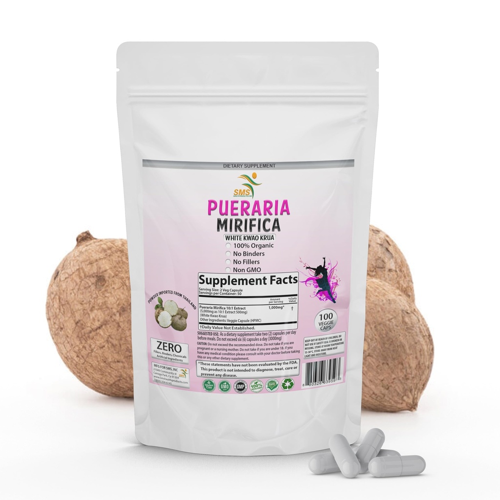 100 Caps Pueraria Mirifica Λευκή σκόνη εκχυλίσματος, 100% 10:1 Ισχυρή, οργανική, 1.000mg ανά υπηρεσία, μη ΓΤΟ από την Ταϊλάνδη, Premium ποιότητα, Vegan