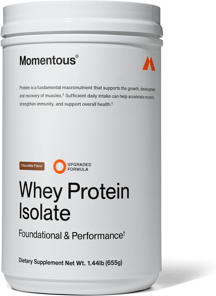Momentous Essential Grass-Fed Whey Protein Tozu - 20 g Whey Isolate proteini - Spor için sertifikalı - Gluten-Free - 24 Temel Günlük Kullanım için Hizmetler - Chocolate - Paket Vary